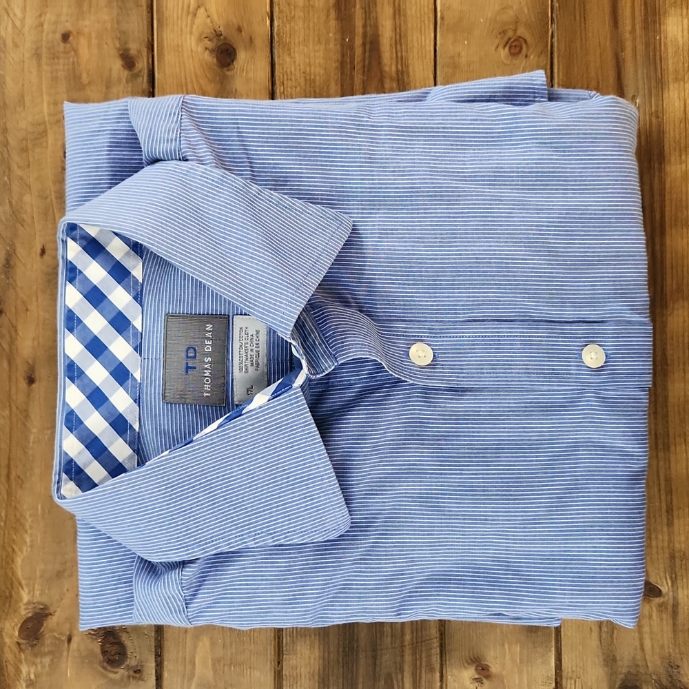 Thomas Dean Pinstripe Flip Cuff Long Sleeve Button Up Dress Shirt